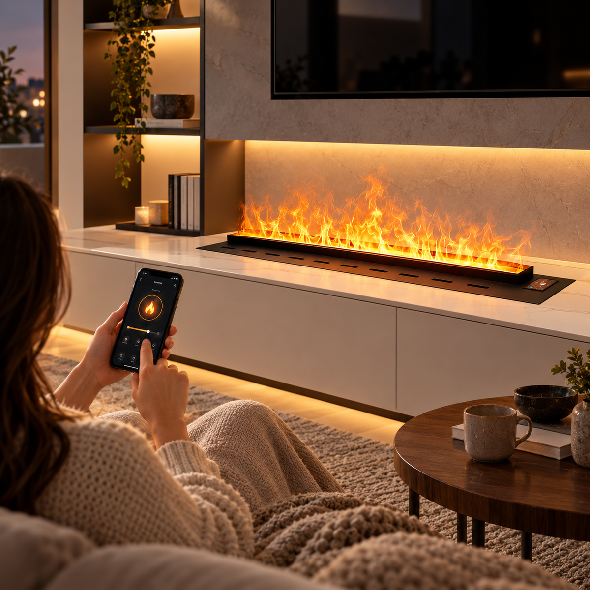 Cheminée électrique LED connectée à effet vapeur d'eau