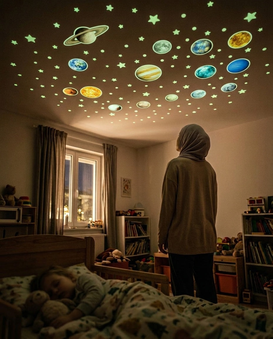 Maman voilée de dos dans la chambre regardant le plafond étoilé phosphorescent, enfant endormi