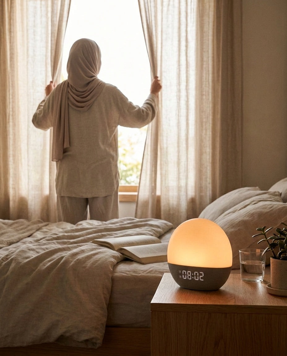 Réveil Lumineux Sons de la Nature - femme voilée ouvrant les rideaux le matin
