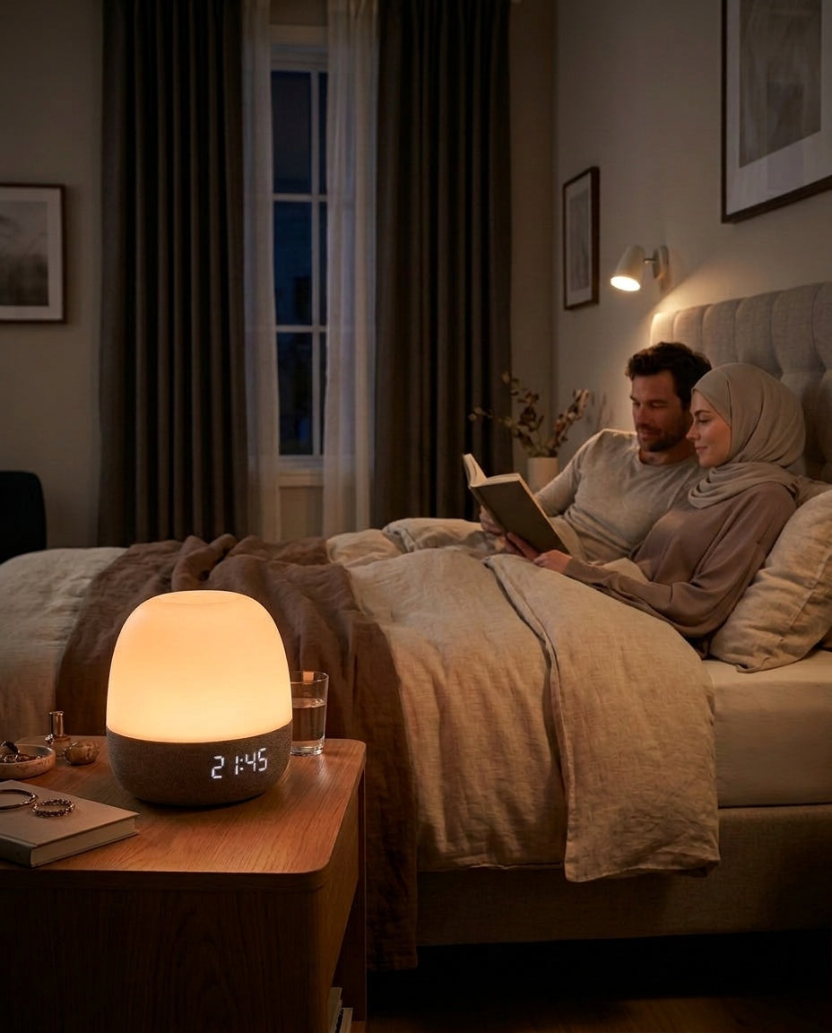 Réveil Lumineux Sons de la Nature - couple dans une chambre élégante le soir