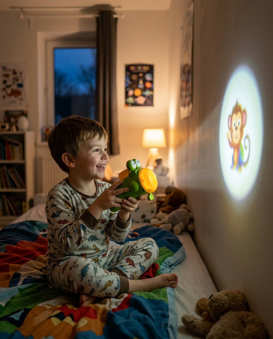 Enfant souriant dans son lit tenant la torche projecteur, image d'animal projetée sur le mur