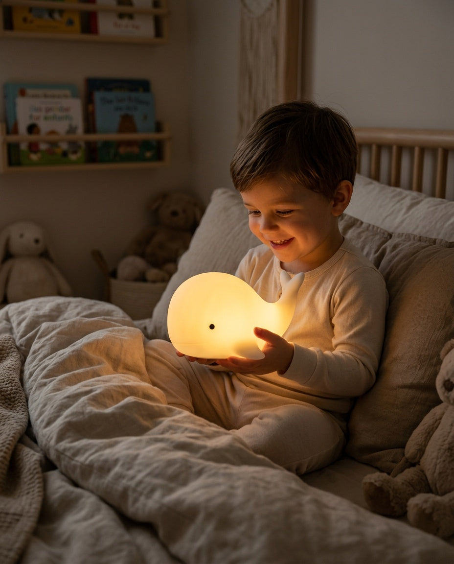 Veilleuse Baleine Bébé - enfant souriant dans son lit avec la veilleuse allumée