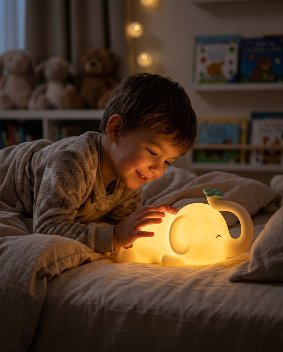 Veilleuse Éléphant Bébé - enfant souriant dans son lit avec la veilleuse allumée