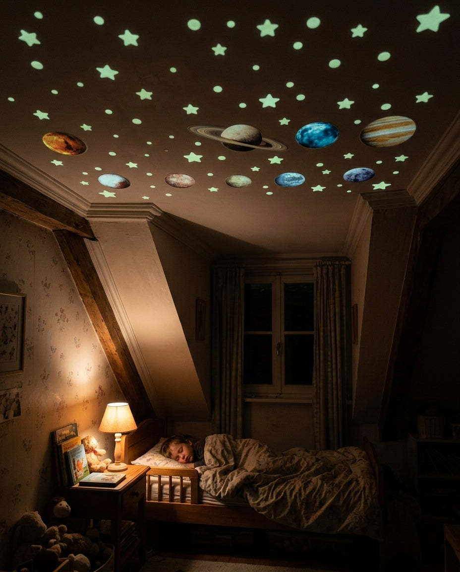 Plafond de chambre d'enfant couvert d'étoiles et de planètes phosphorescentes, enfant endormi