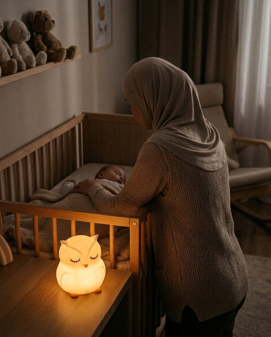 Veilleuse Hibou Bébé - maman voilée bordant son enfant endormi