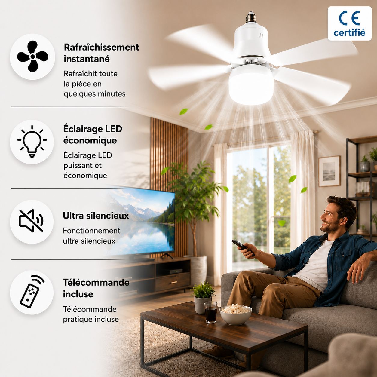 Ventilateur Plafond led Silencieux avec Télécommande – Éclairage Réglable & 3 Vitesses