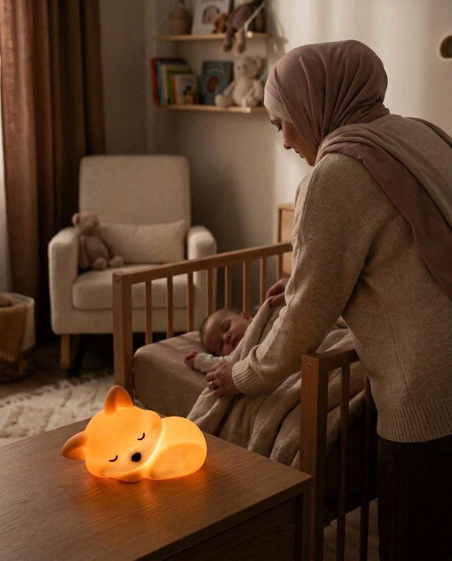 Veilleuse Renard Bébé - maman voilée bordant son enfant endormi