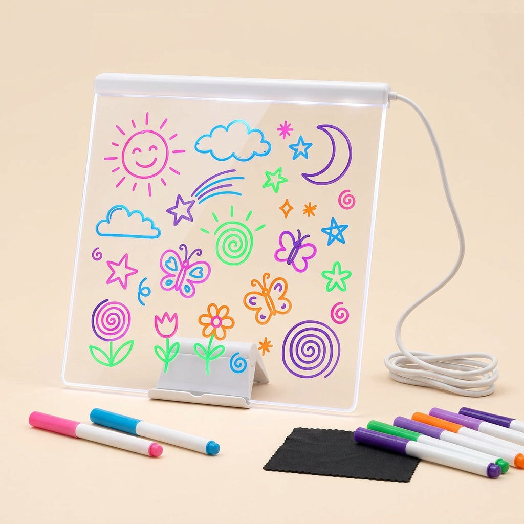 Tableau lumineux à dessiner en acrylique transparent sur socle LED, dessins fluo colorés et feutres
