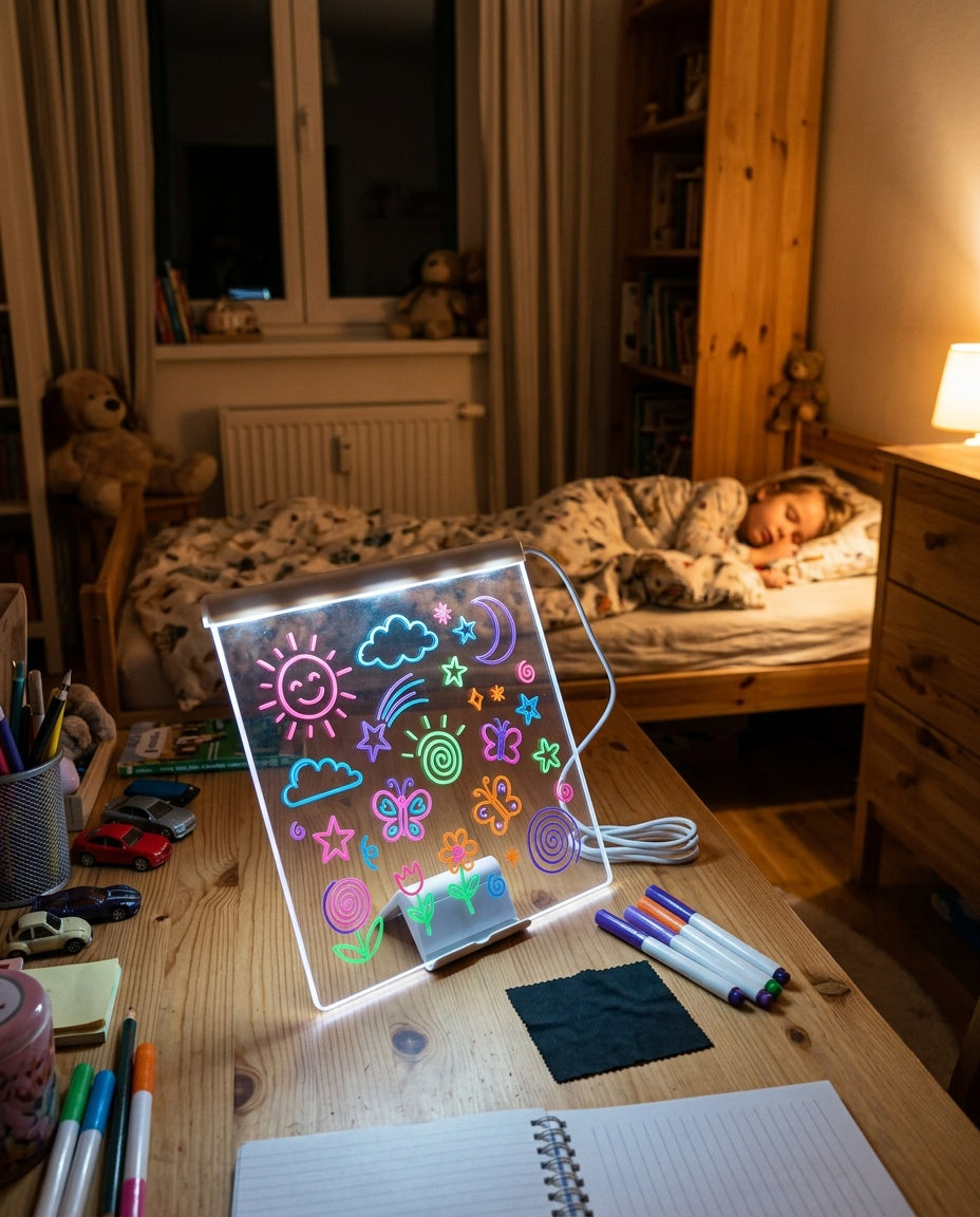 Tableau lumineux à dessiner allumé sur un bureau, chambre d'enfant la nuit avec enfant endormi