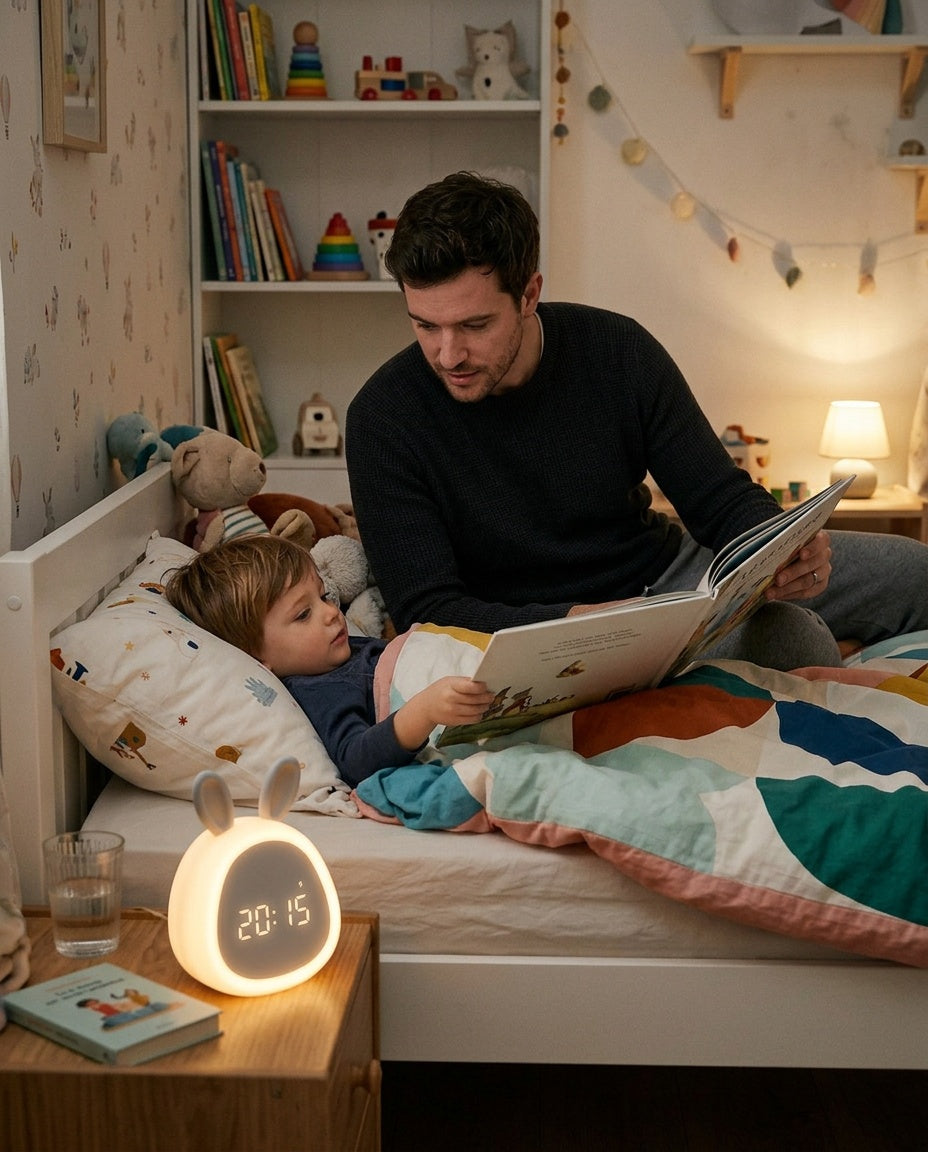 Réveil Veilleuse Lapin - papa lisant une histoire au bord du lit