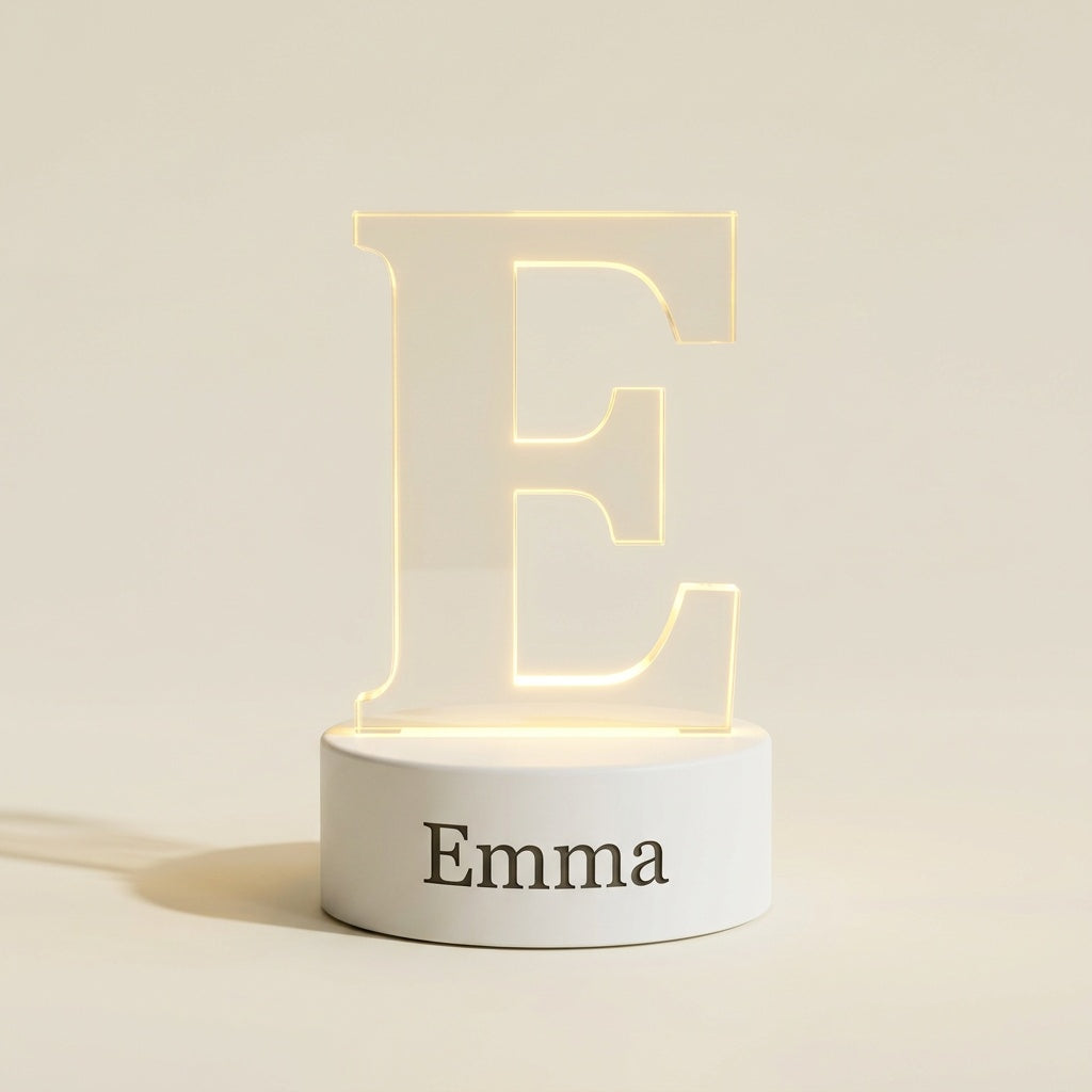 Veilleuse prénom personnalisée en acrylique, lettre E lumineuse et prénom Emma gravé sur le socle blanc