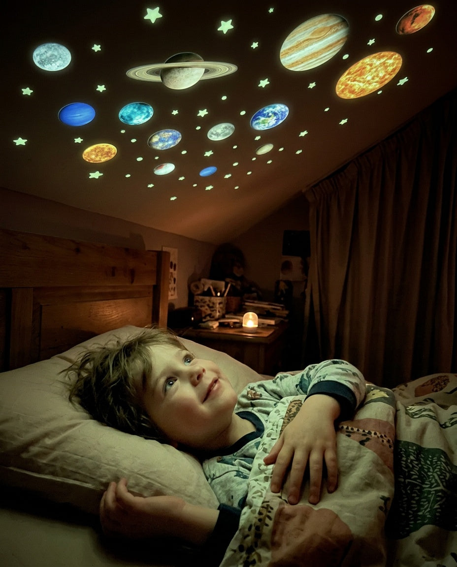 Enfant souriant dans son lit regardant le plafond étoilé phosphorescent