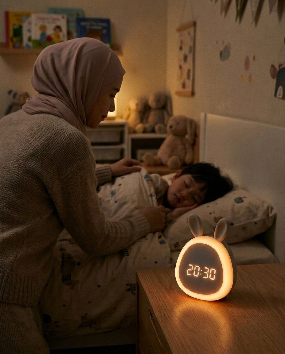 Réveil Veilleuse Lapin - maman voilée bordant son enfant endormi