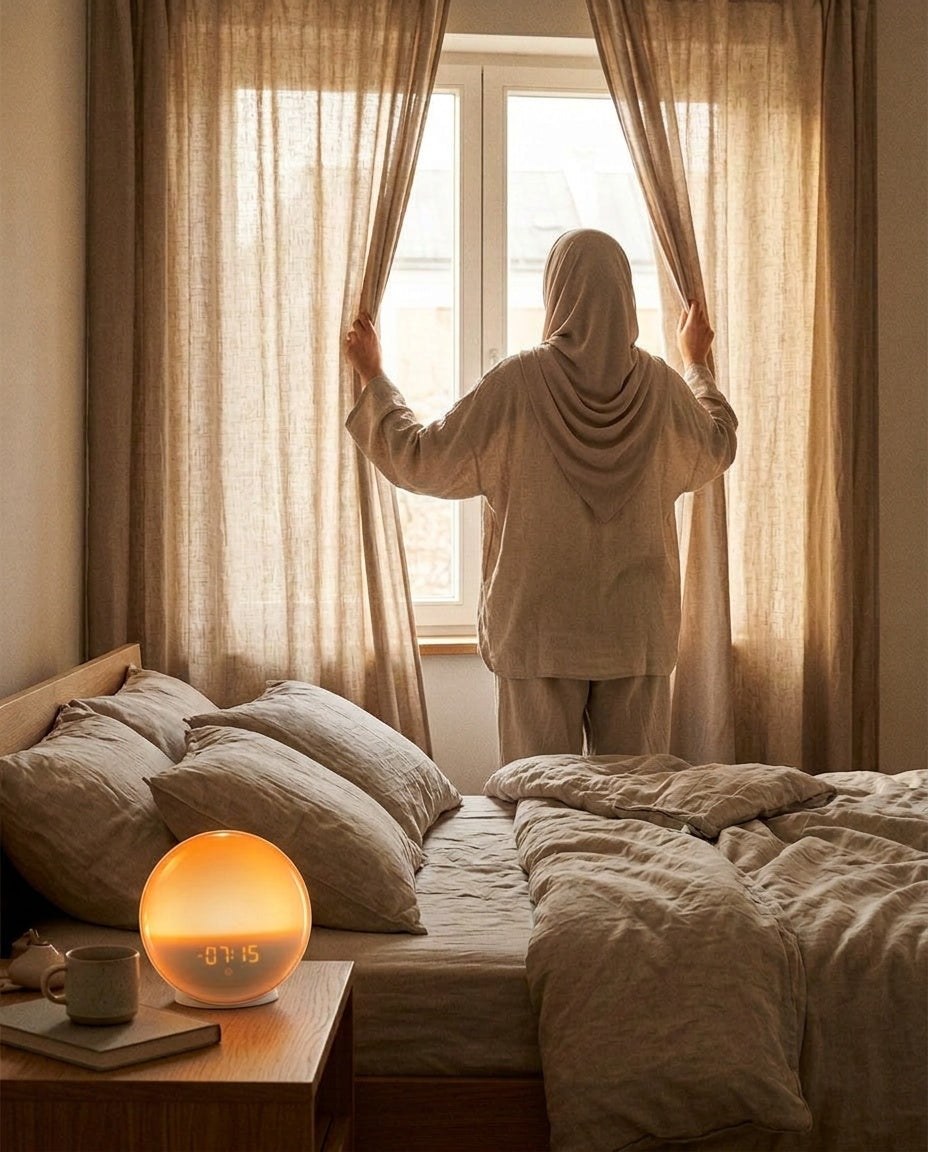Réveil Simulateur d'Aube - femme voilée ouvrant les rideaux le matin