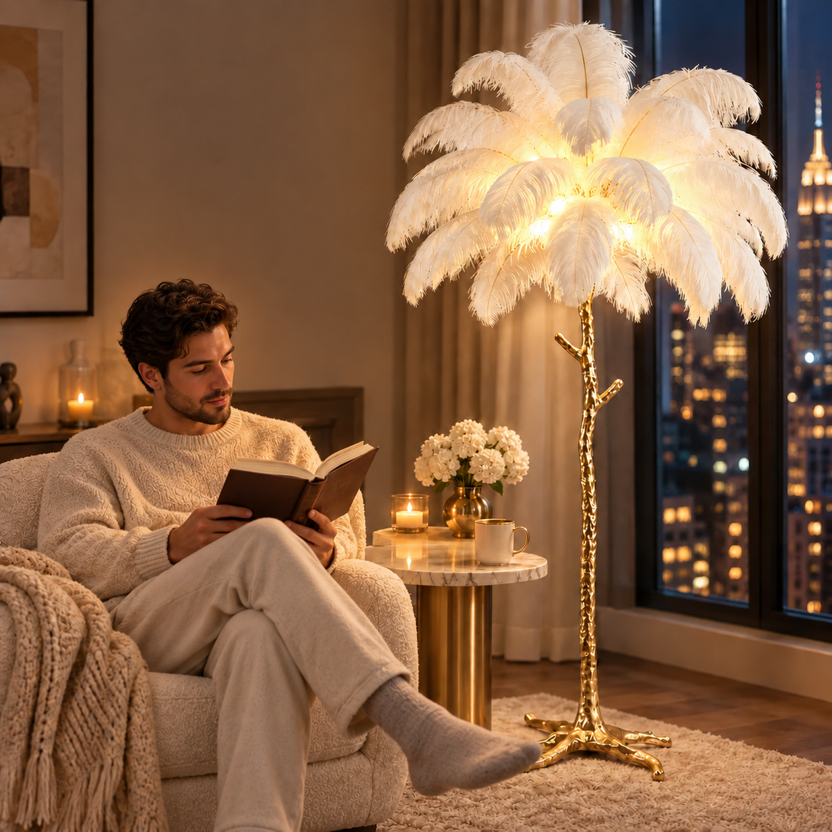 Lampadaire de luxe en plumes d'autruche