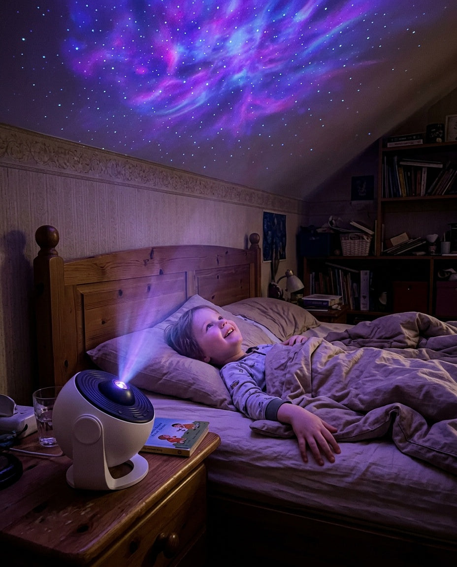 Enfant souriant dans son lit regardant la galaxie projetée au plafond