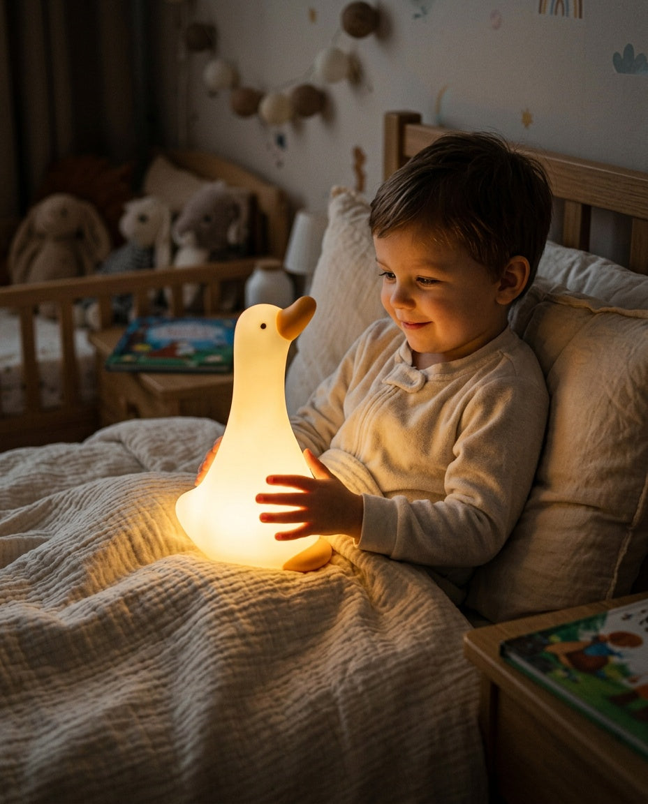 Veilleuse Oie Bébé - enfant souriant dans son lit avec la veilleuse allumée
