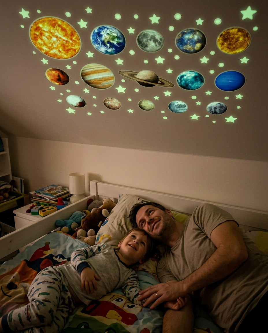 Papa et son enfant allongés sur le lit regardant ensemble le plafond étoilé