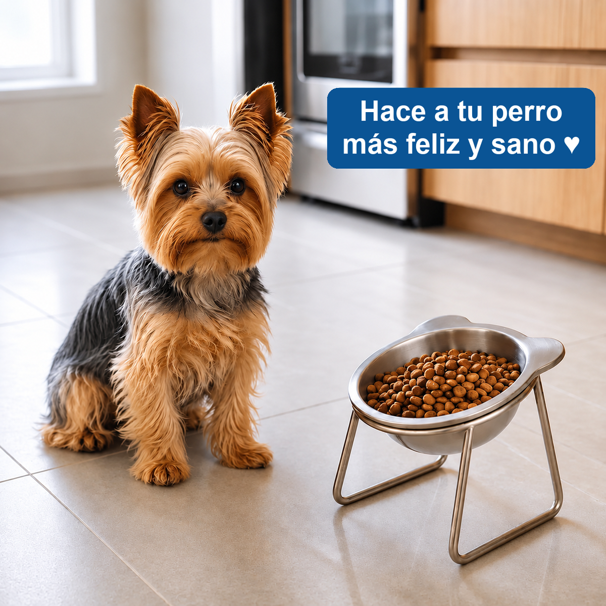 Comedero ortopédico elevado con un Yorkshire