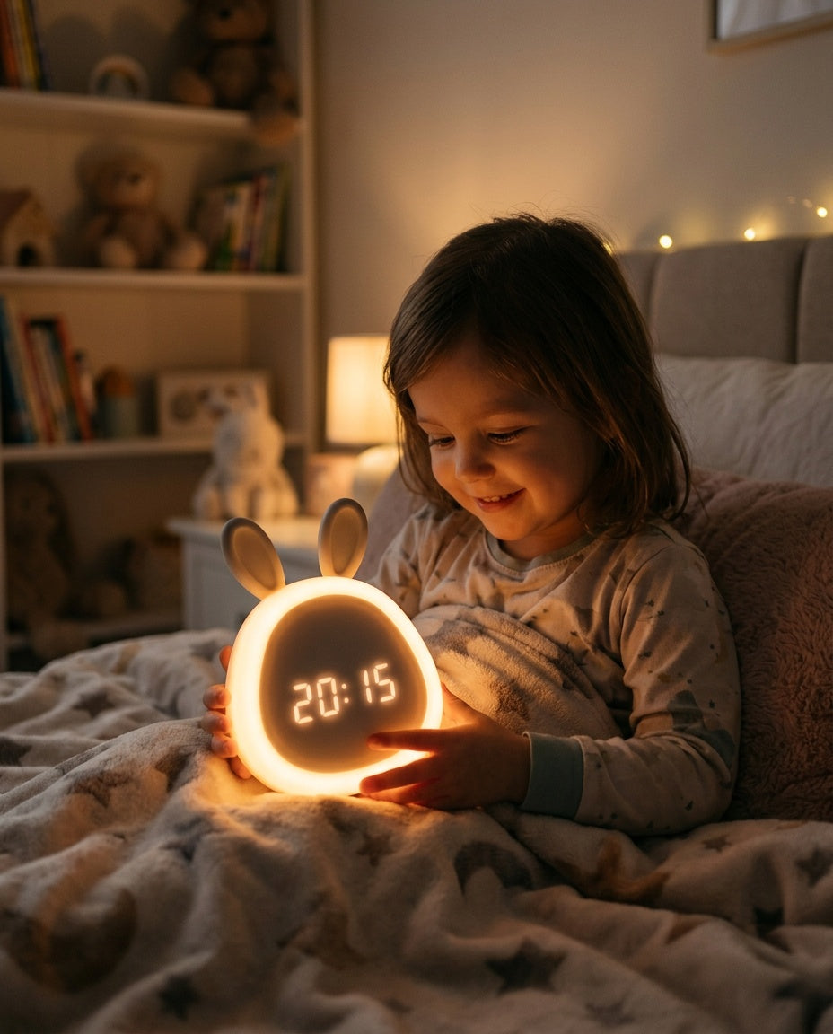 Réveil Veilleuse Lapin - enfant souriant dans son lit avec la veilleuse allumée