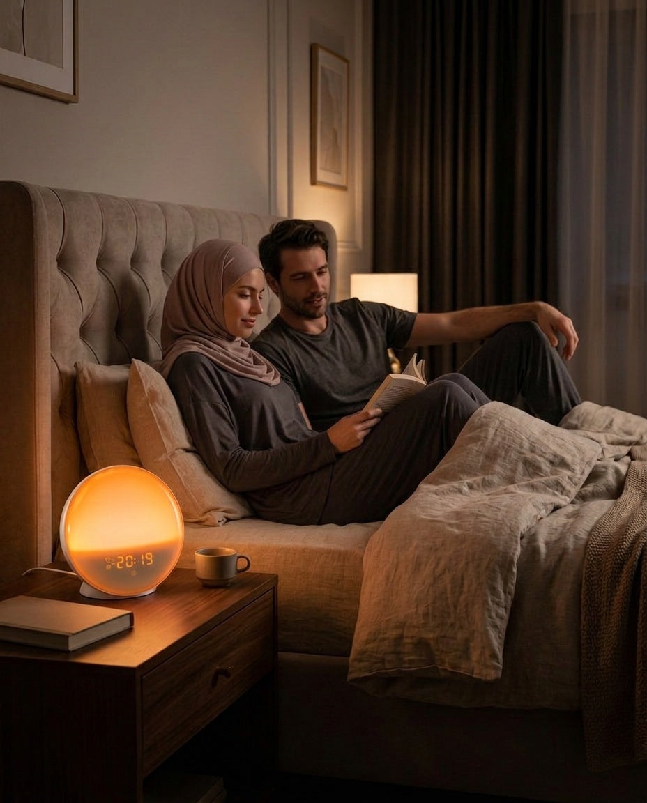Réveil Simulateur d'Aube - couple dans une chambre élégante le soir