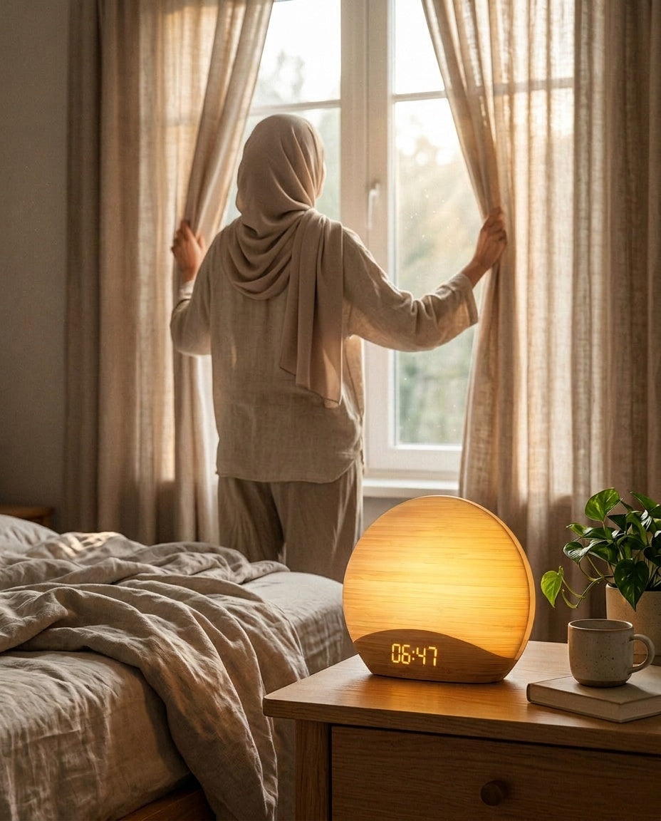 Réveil Lever de Soleil 26 Sons - femme voilée ouvrant les rideaux le matin
