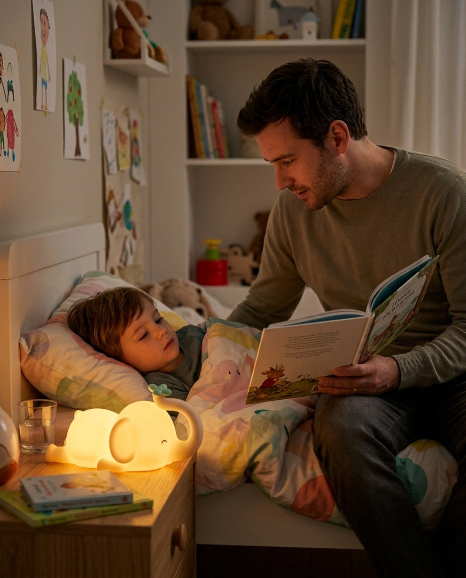 Veilleuse Éléphant Bébé - papa lisant une histoire au bord du lit