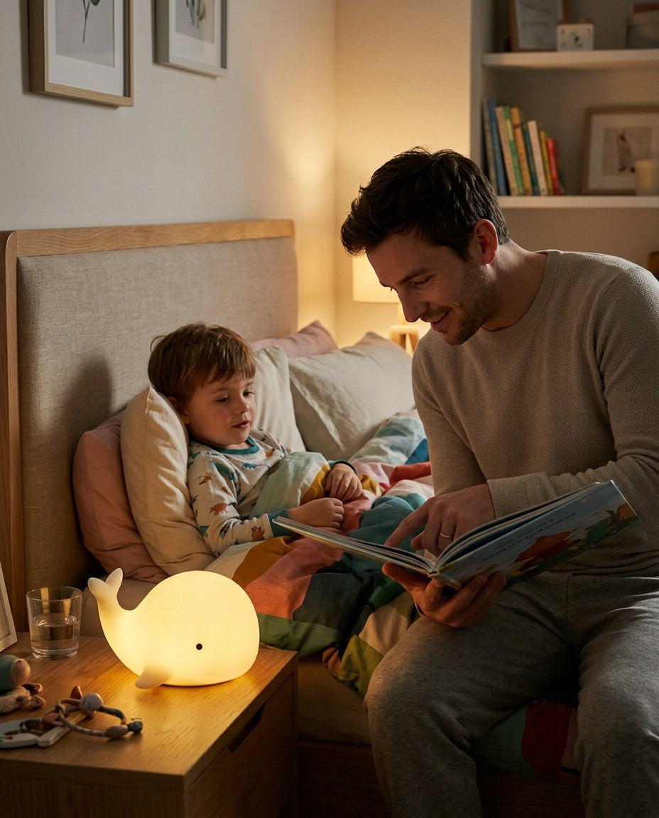Veilleuse Baleine Bébé - papa lisant une histoire au bord du lit