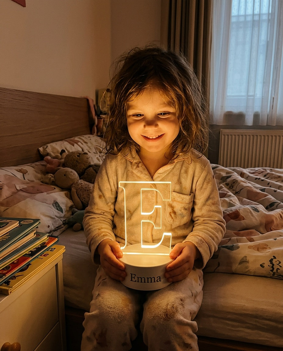 Petite fille souriante tenant sa veilleuse prénom Emma allumée dans son lit