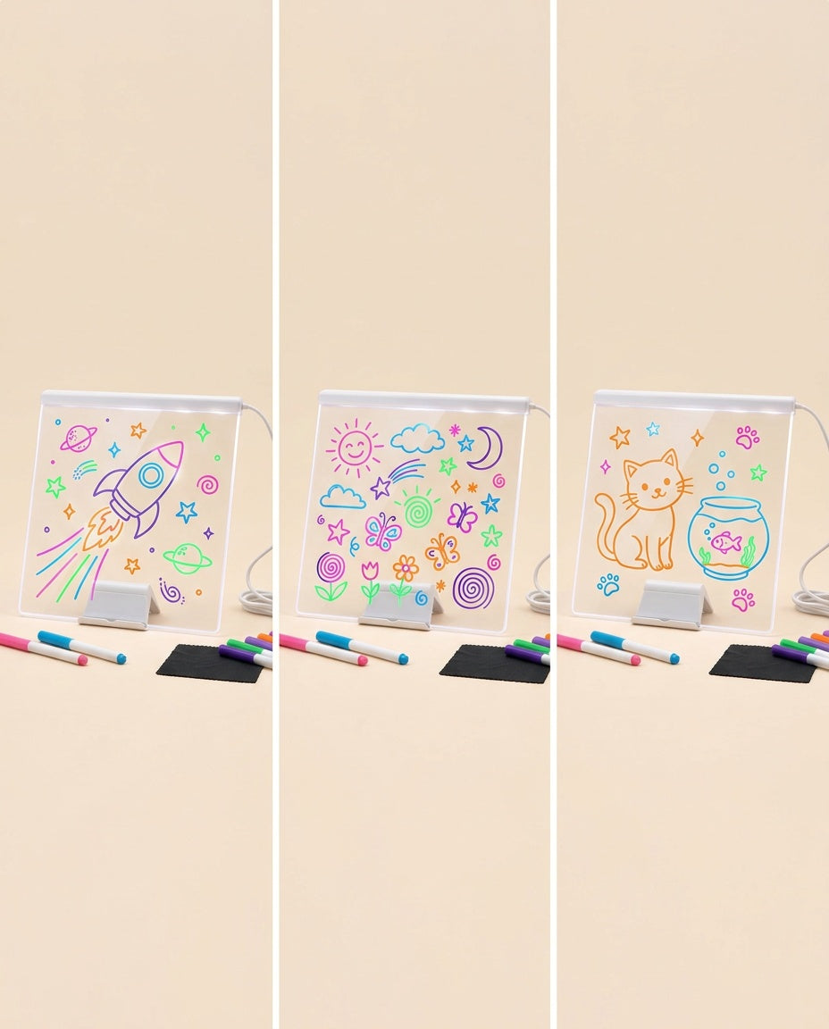 Trois exemples de dessins lumineux sur le tableau : fusée, soleil et fleurs, chat et poisson