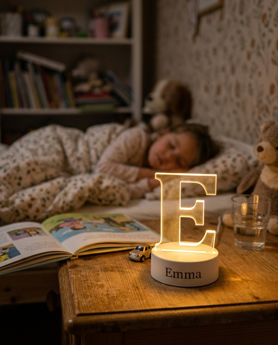 Veilleuse prénom Emma allumée dans une chambre d'enfant la nuit, petite fille endormie en arrière-plan