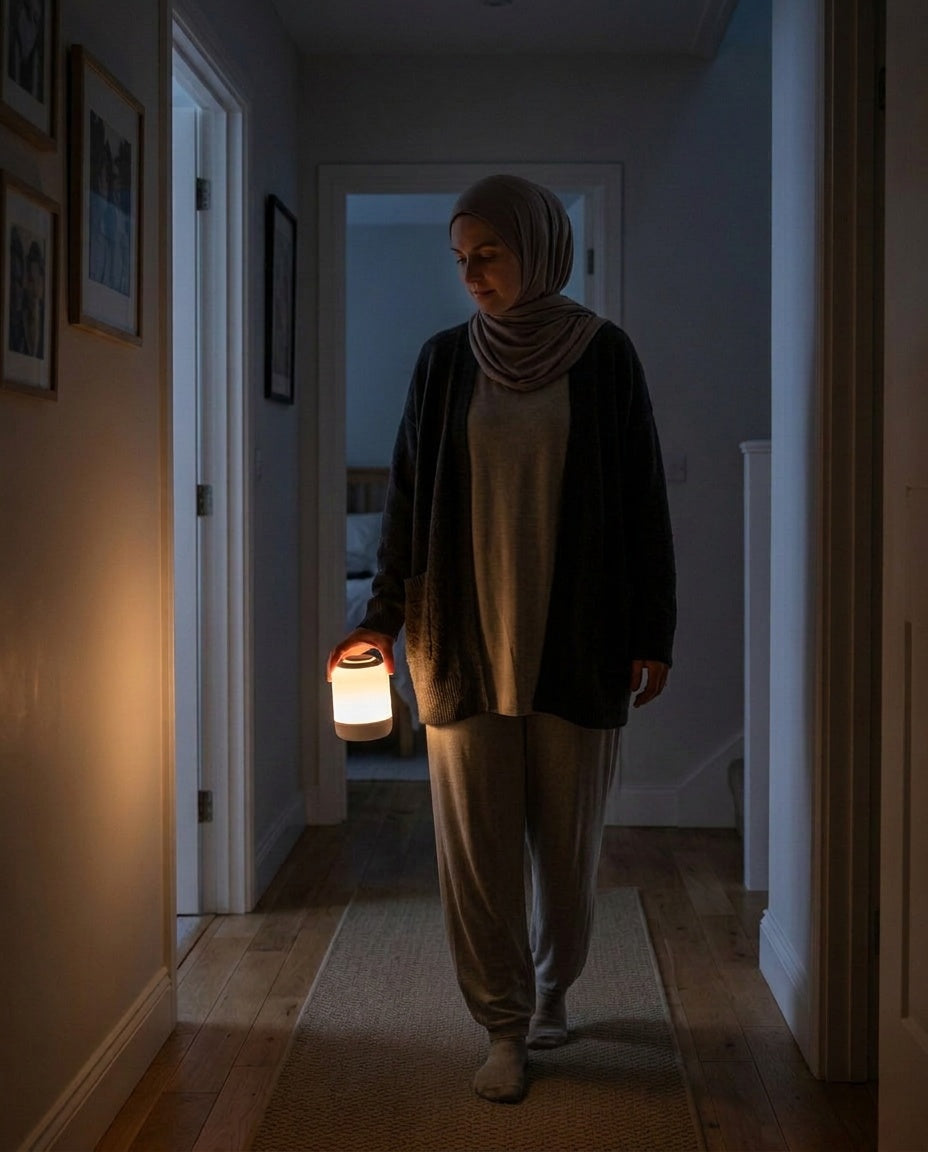 Veilleuse Nomade Portative - femme voilée se déplaçant la nuit dans un couloir éclairé