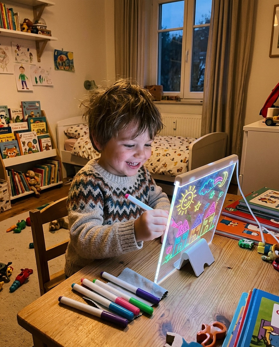 Enfant souriant dessinant au feutre fluo sur le tableau lumineux, lumière colorée sur son visage