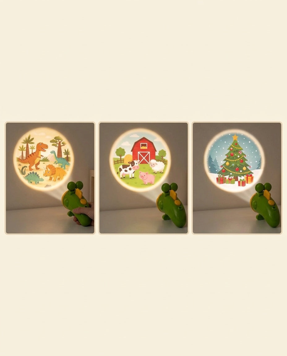 Trois thèmes d'images projetées par la torche : dinosaures, ferme et sapin de Noël