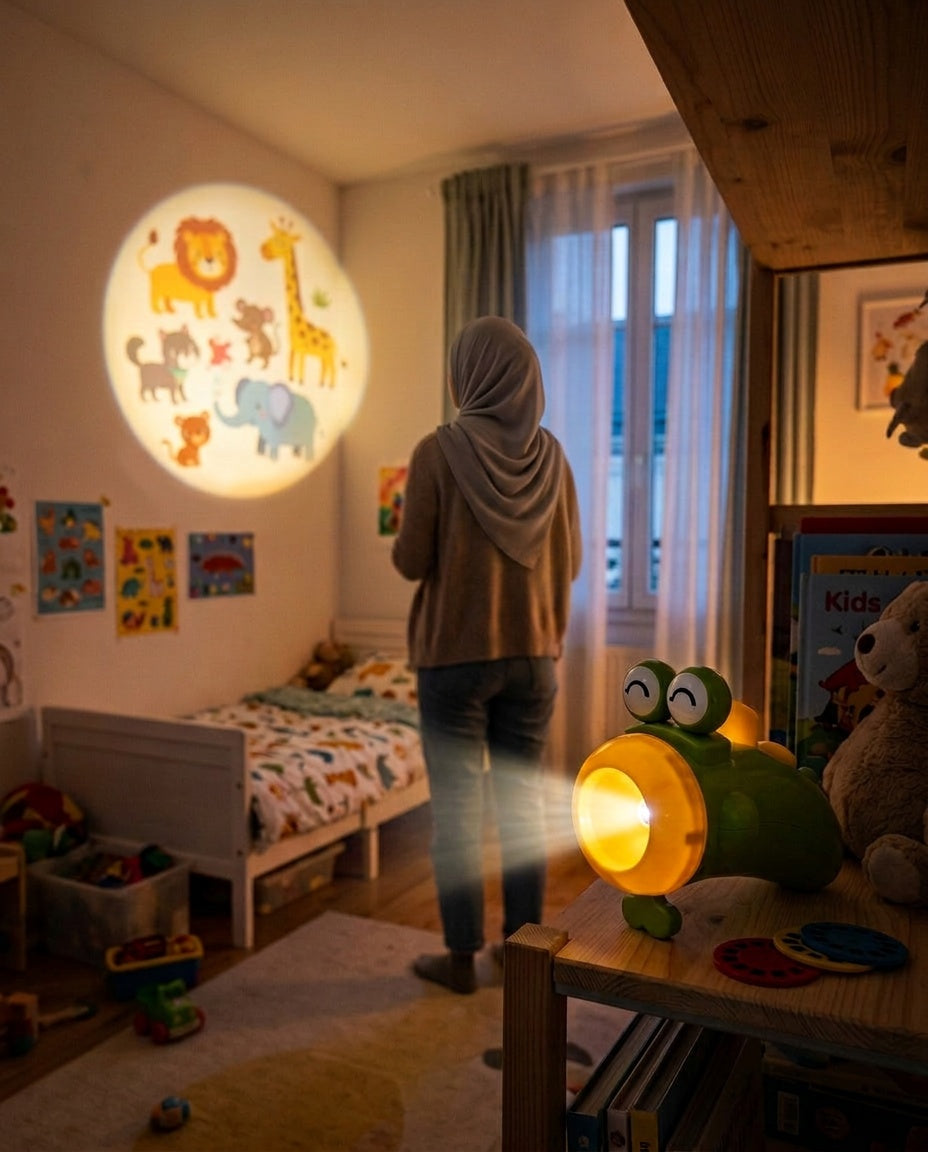 Maman voilée de dos dans la chambre d'enfant devant les animaux projetés, torche allumée au premier plan