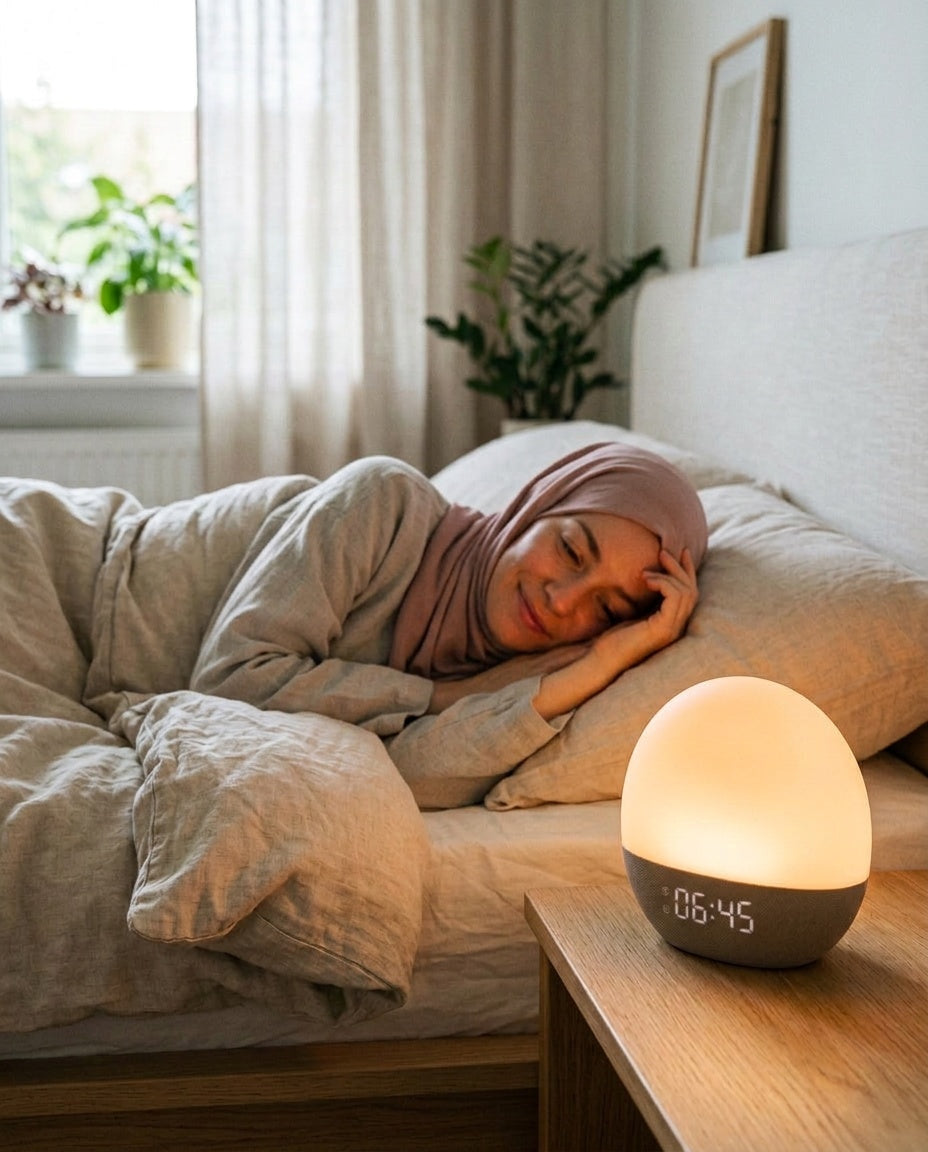Réveil Lumineux Sons de la Nature - femme voilée se réveillant en douceur dans la lumière du matin