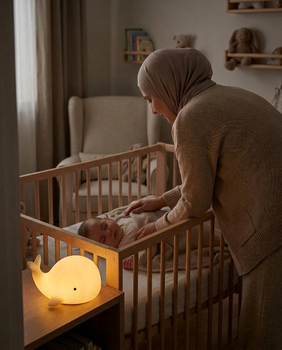 Veilleuse Baleine Bébé - maman voilée bordant son enfant endormi