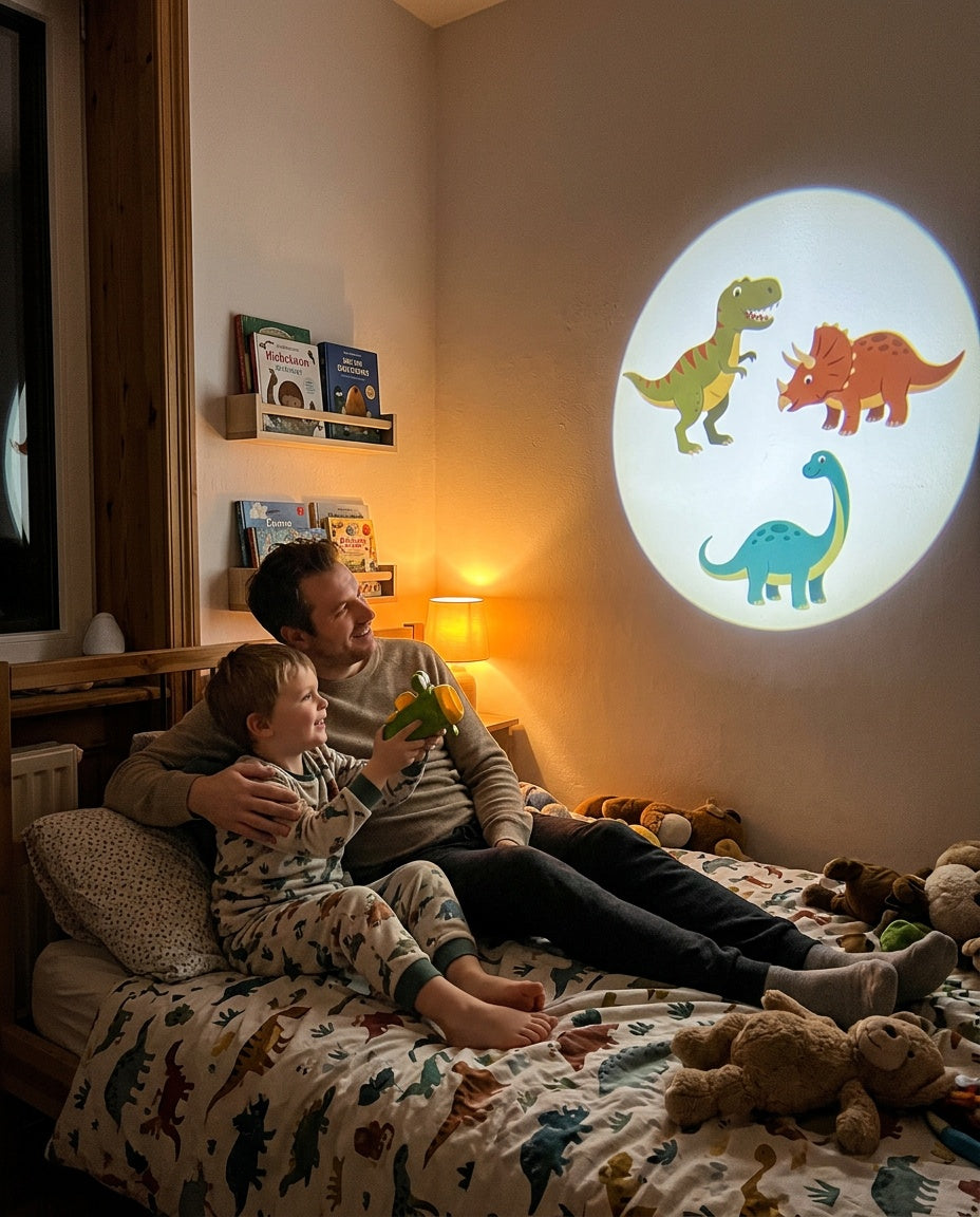 Papa et son enfant regardent des dinosaures projetés au mur par la torche, moment complice le soir