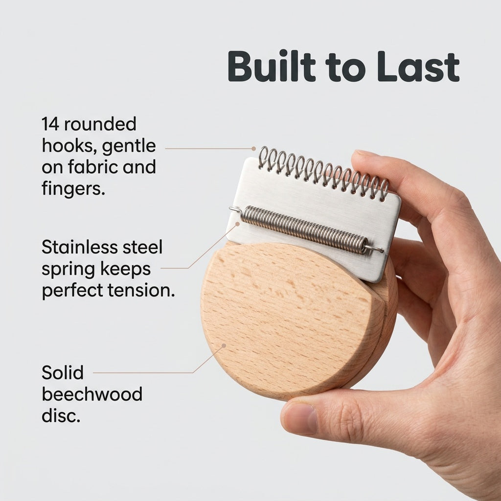Built to last: stainless steel spring, 14 rounded hooks, solid beechwood disc