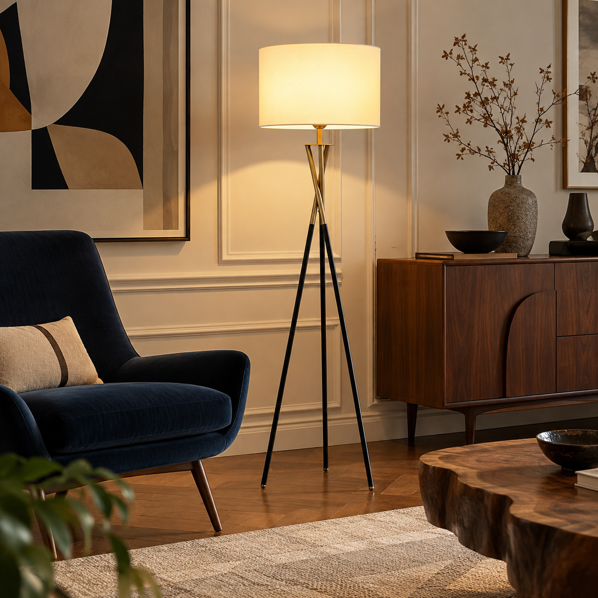 Lampadaire trépied nordique en fer et bois
