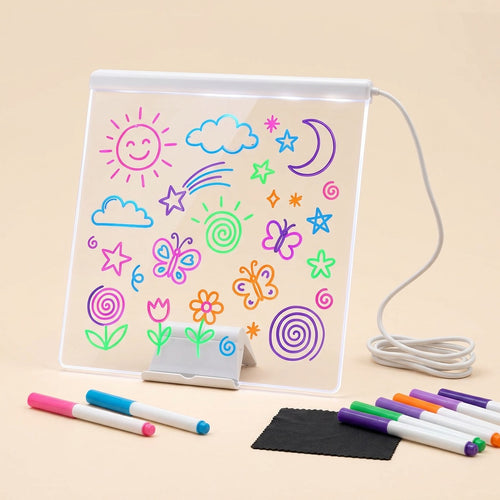Tableau lumineux à dessiner en acrylique transparent sur socle LED, dessins fluo colorés et feutres