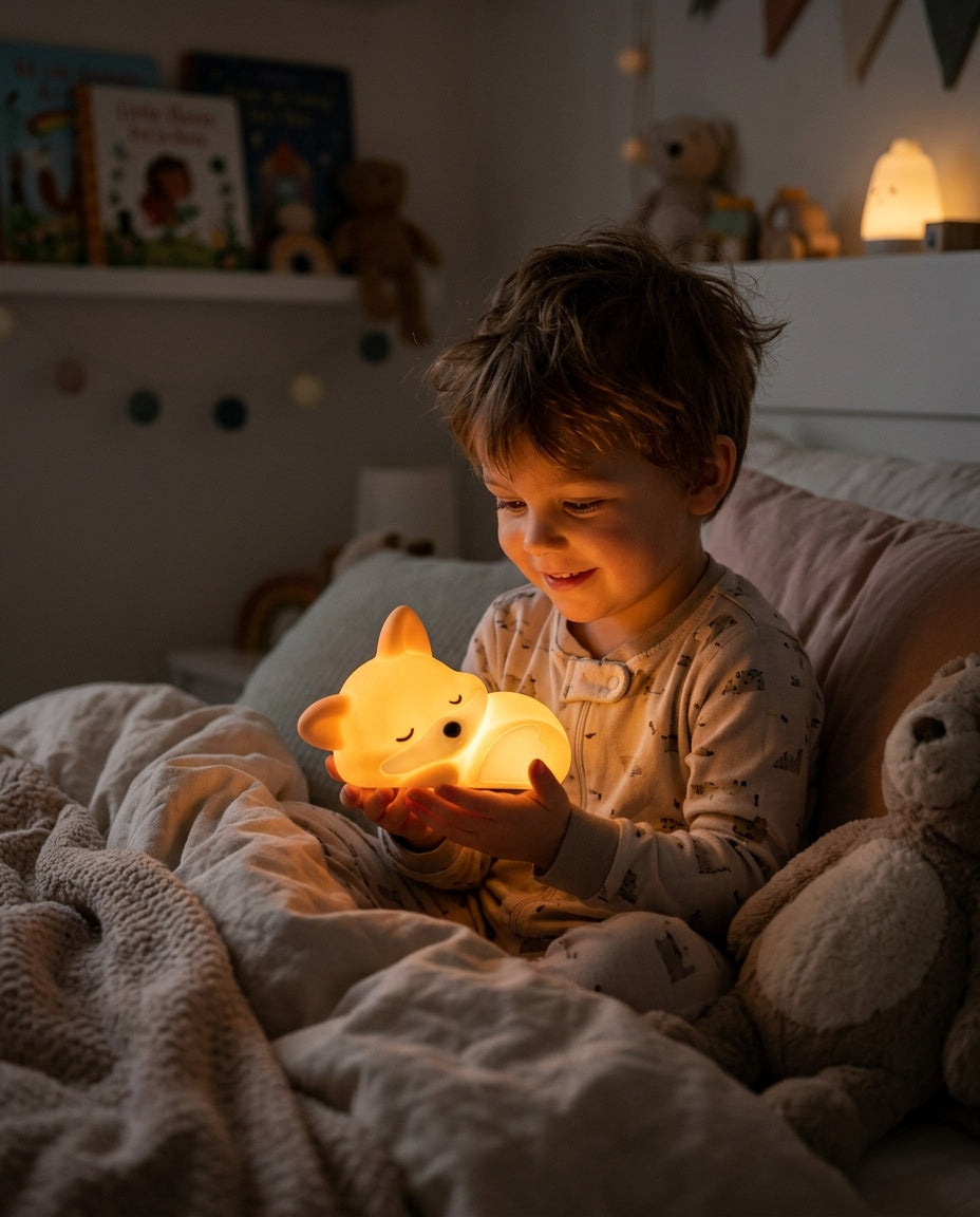 Veilleuse Renard Bébé - enfant souriant dans son lit avec la veilleuse allumée