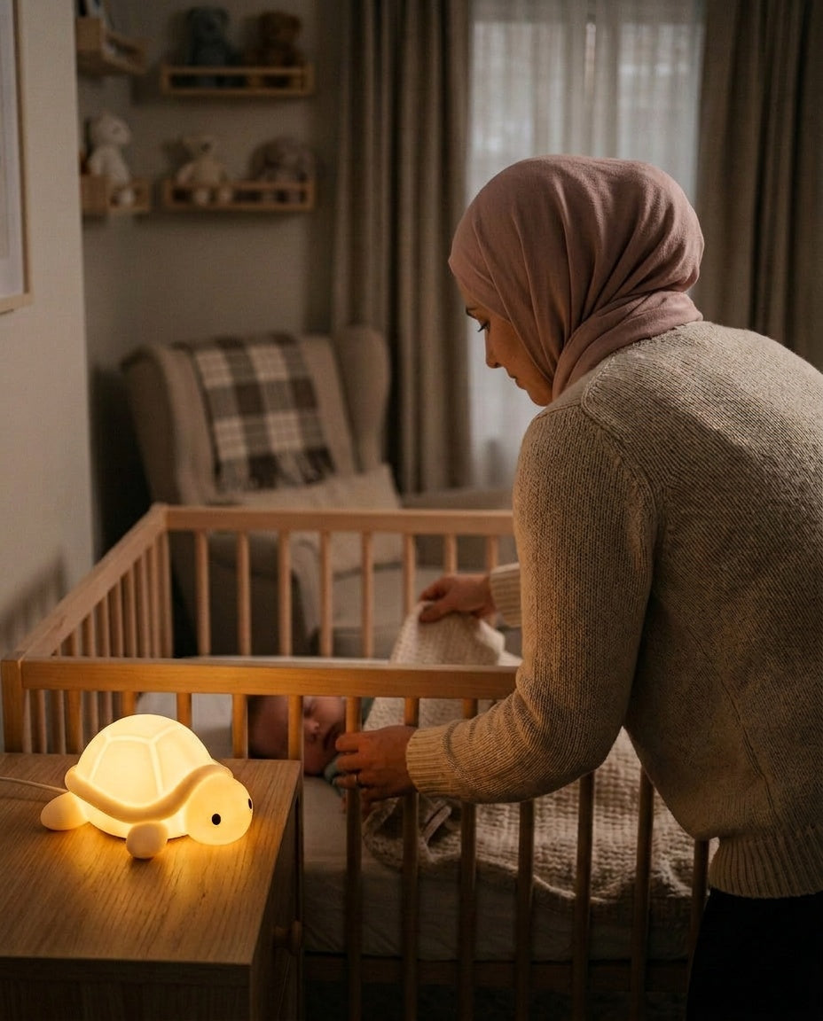 Veilleuse Tortue Bébé - maman voilée bordant son enfant endormi