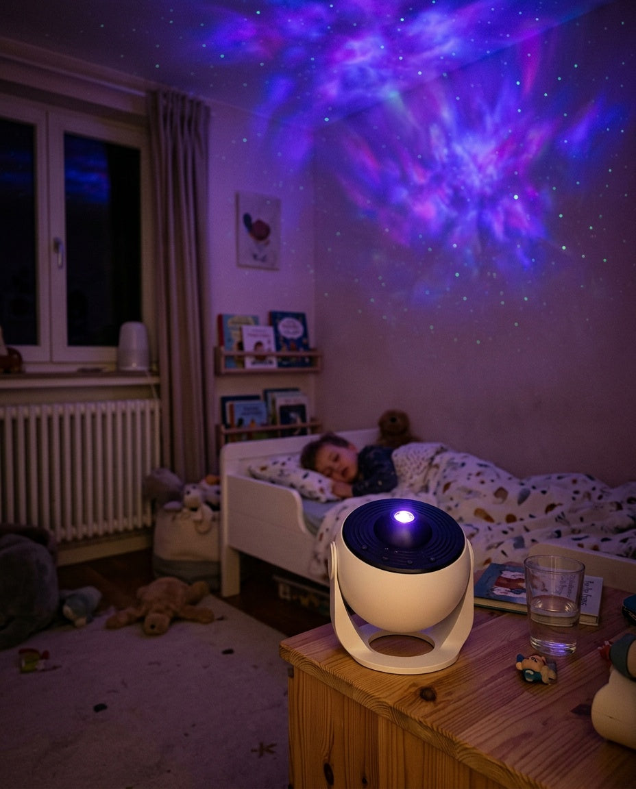 Projecteur galaxie sur table de chevet projetant une nébuleuse violette au plafond, enfant endormi