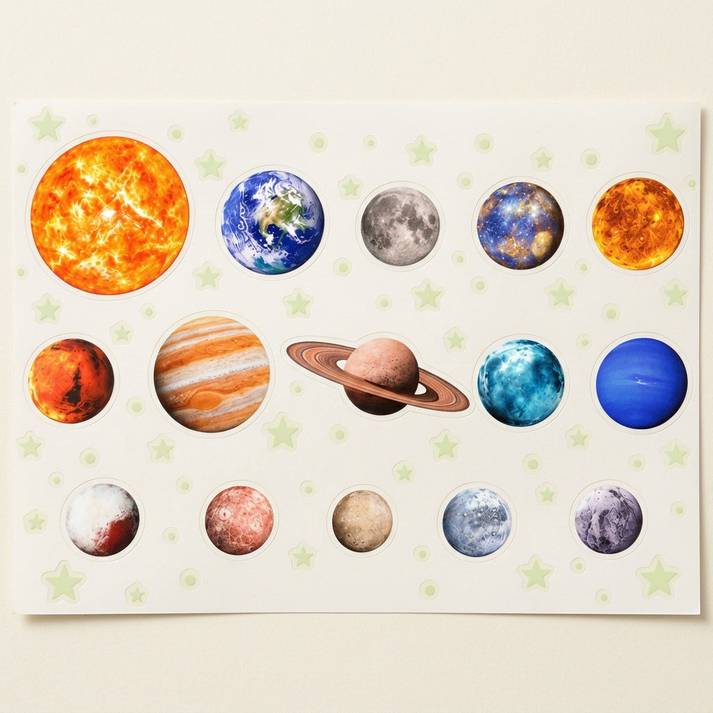 Planche d'autocollants phosphorescents étoiles et planètes pour plafond de chambre d'enfant