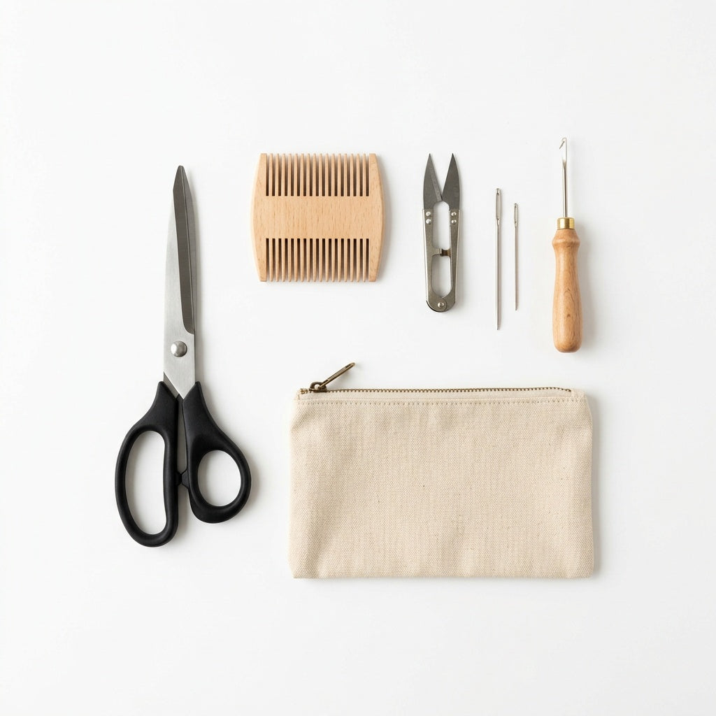 Mending accessory set: scissors, weave press, thread cutter, needles, hook, pouch