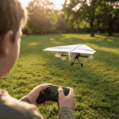 L'avion en papier télécommandé vole dans le parc