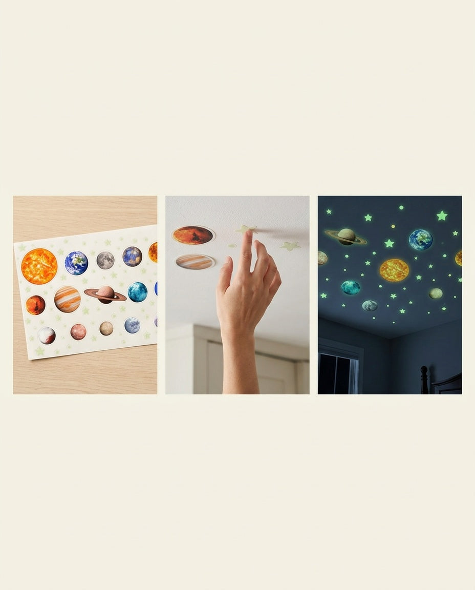 Les étapes : planche d'autocollants, pose au plafond, plafond phosphorescent dans le noir