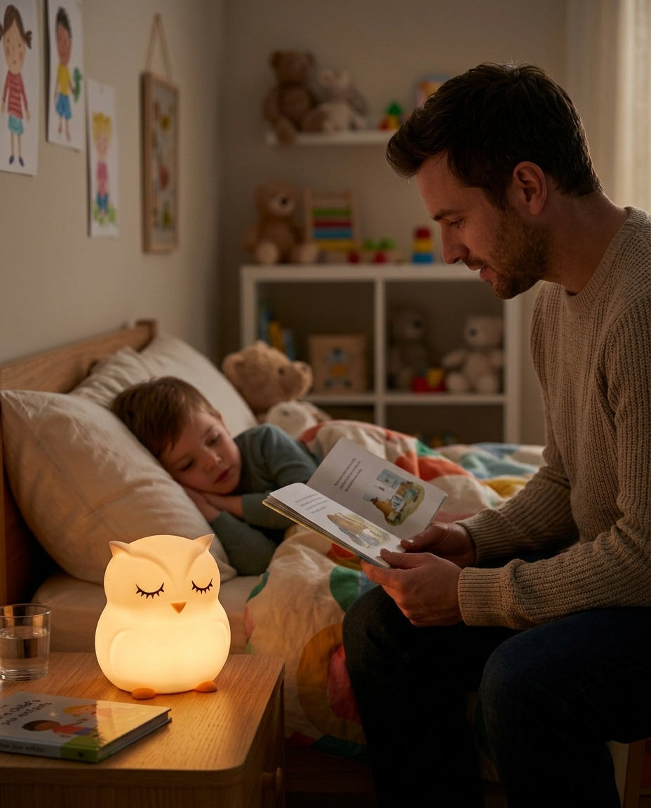 Veilleuse Hibou Bébé - papa lisant une histoire au bord du lit