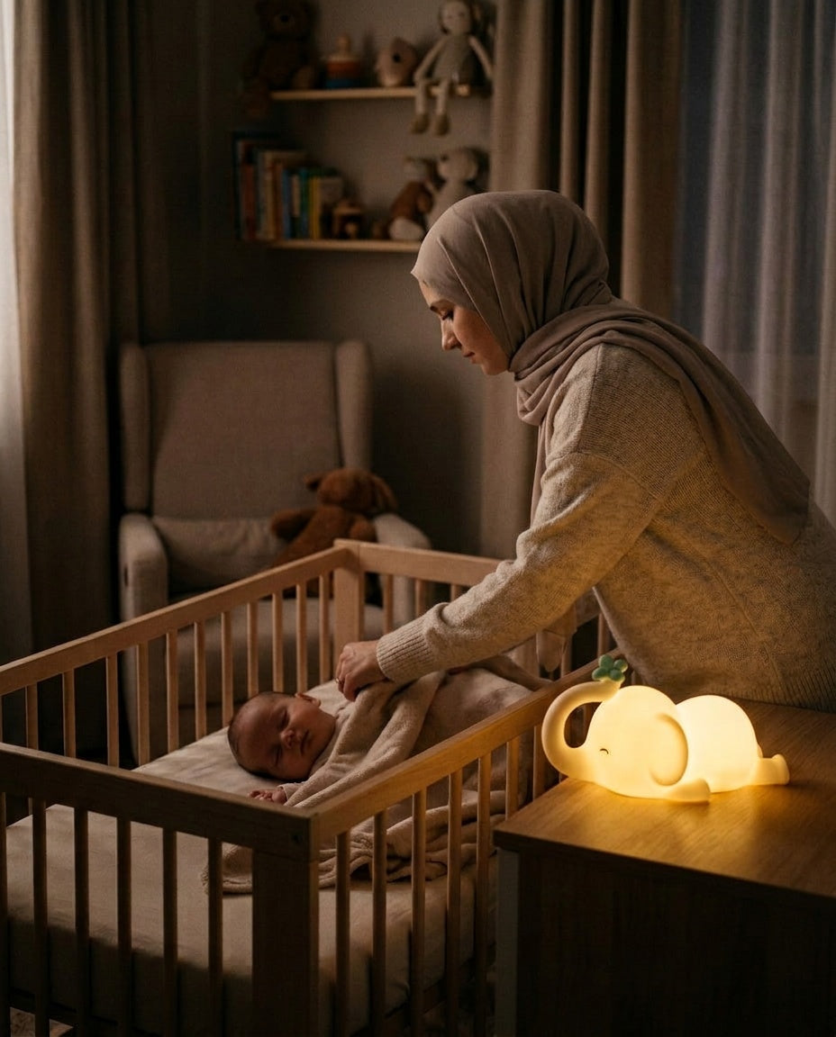 Veilleuse Éléphant Bébé - maman voilée bordant son enfant endormi